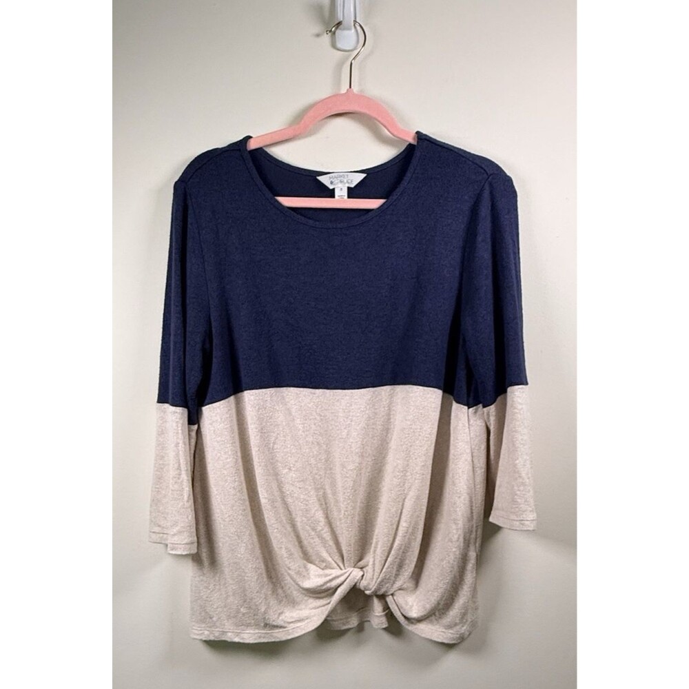 Market & Spruce Womens Navy Beige Colorblock Crew Neck Twist Front Top - M